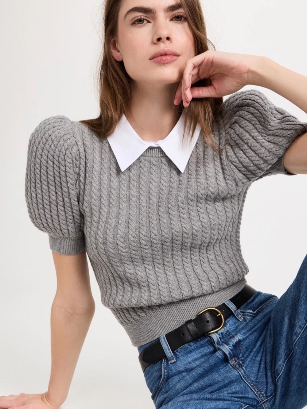 Alice + Olivia Puff-Sleeve Cable Knit Sweater Top